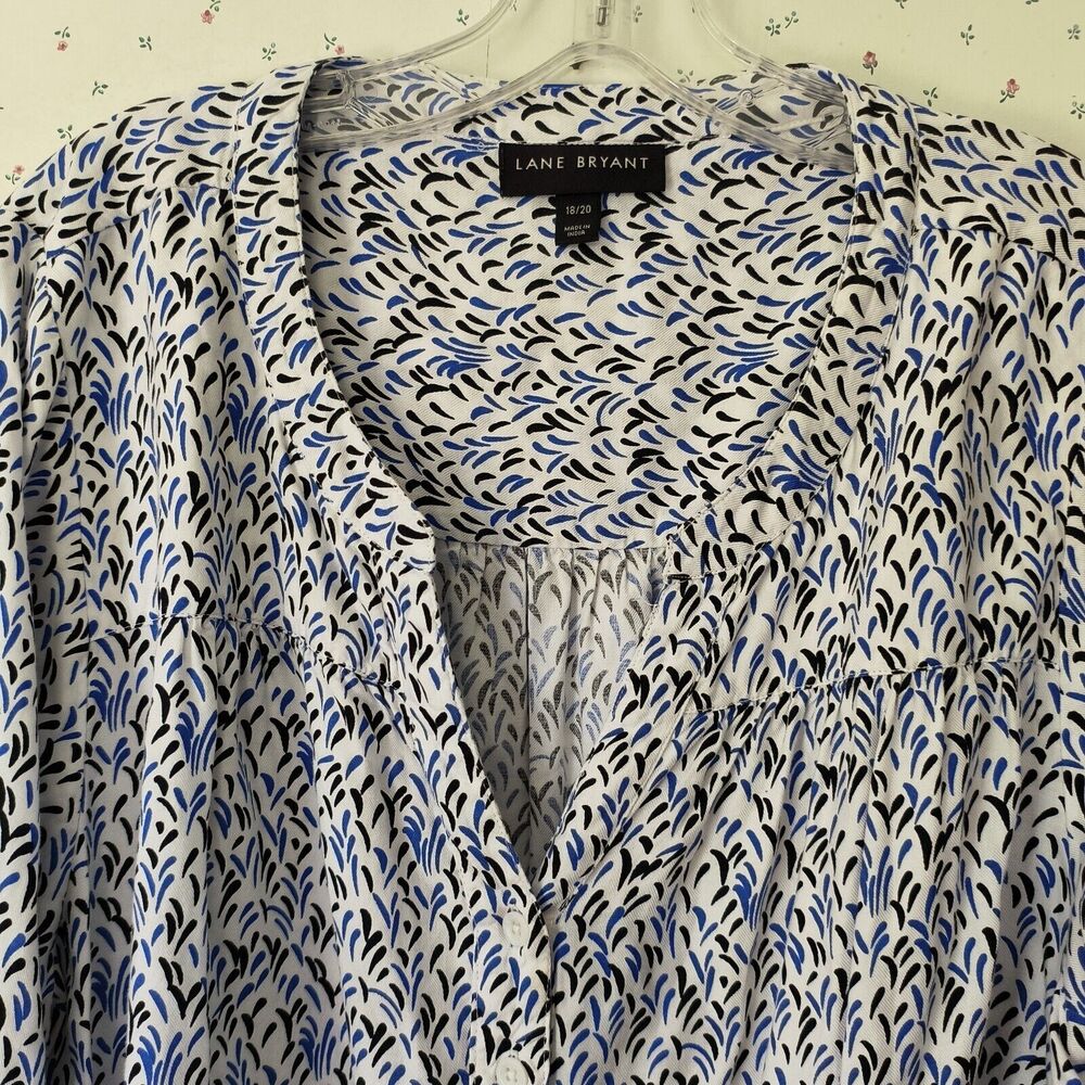 Lane Bryant Peasant Top Women 18/20 Black Blue White Print V Neck High Low Tunic - Picture 2 of 14